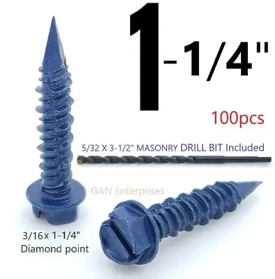 Buy Concrete 3/16  X 1-1/4  Tapcon Hex Washer Head Masonry With Drill Bit, 100pcs • 16.99$
