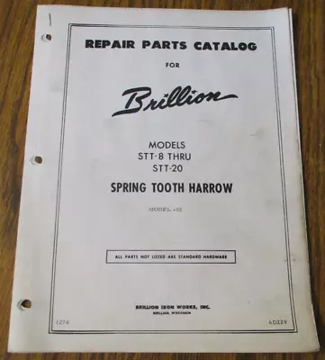 Buy Brillion SST-8 Thru SST-20 Spring Tooth Harrow 2 Parts Catalog Manual List 6D229 • 14.99$
