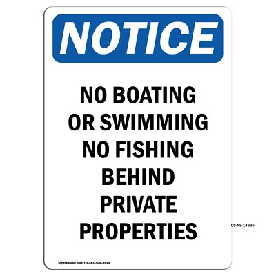 Buy No Boating Or Swimming No Fishing OSHA Notice Sign Metal Plastic Decal • 12.99$