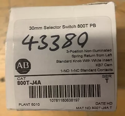 Buy Allen Bradley 800T-J4A Selector Switch 3-Position Spring Return 800TJ4A Series T • 75$