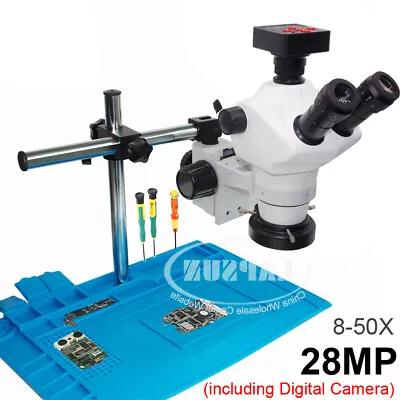 Buy Simul-focal 8-50X Trinocular Industry Stereo Microscope Set 8050T HD 28MP Camera • 395$