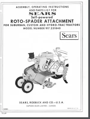 Buy Sears Roto Tiller Implement Lawn Tractor Owner Parts Manual 917.251840 10 Pages • 11.95$