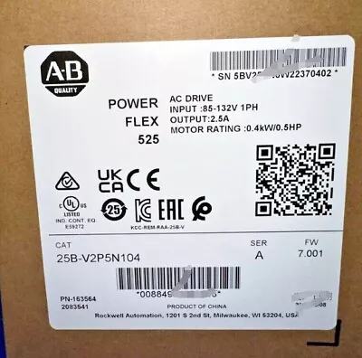 Buy New Factory Sealed Allen-Bradley 25B-V2P5N104 PowerFlex 525 0.4kW 0.5Hp AC Drive • 319$