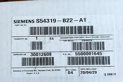 Buy Siemens Duct Detector Housing FDBZ492 S54319-B22-A1 For Siemens Fire Alarm *New* • 65$