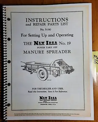 Buy New Idea 19 Manure Spreader Setting Up & Operator & Parts Manual S-180 8/57 • 16.99$