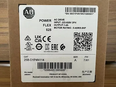 Buy 25B-D1P4N114 2022 SER A Allen Bradley PowerFlex 525 0.4kW 0.5Hp AC Drive NEW • 270.64$