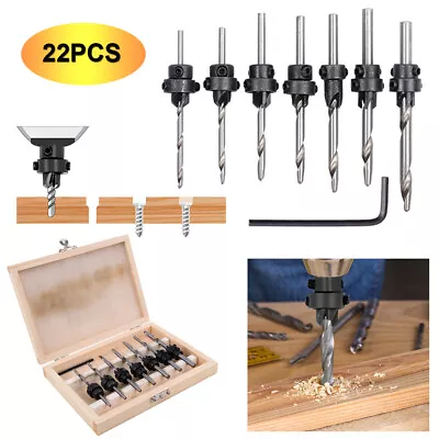 Buy 22x Tapered Drill & Countersink Bit Screw Set Wood Pilot Hole Woodworking Tools • 9.86$