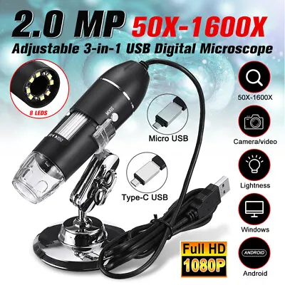 Buy 1600X Zoom 8LED 3 In1 HD 1080P USB Microscope Digital Magnifier Endoscope Camera • 22.99$