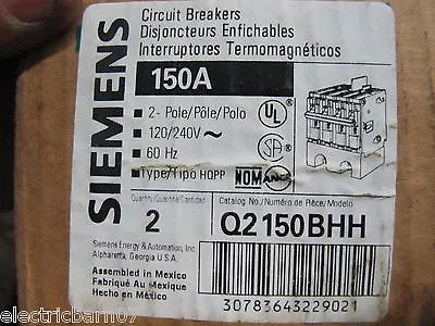 Buy Siemens Q2150BHH, 150 Amp, 240 Volt, 2 Pole, 65K, Circuit Breaker- NEW-B • 200$