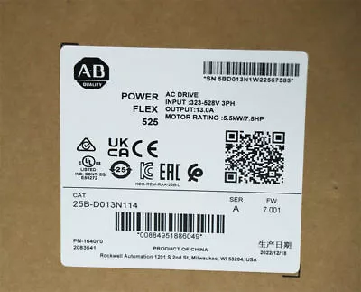 Buy New AB 25B-D013N114 /A Allen-Bradley PowerFlex 525 5.5kW 7.5Hp AC Drive Sealed • 604.70$