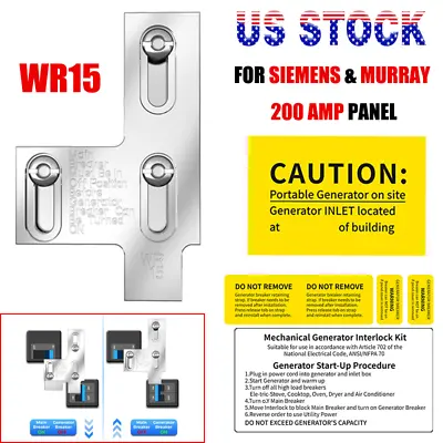Buy # WR15 Generator Interlock Kit For Siemens 200 Amp & Murray 200 Amp LISTED Panel • 29.99$
