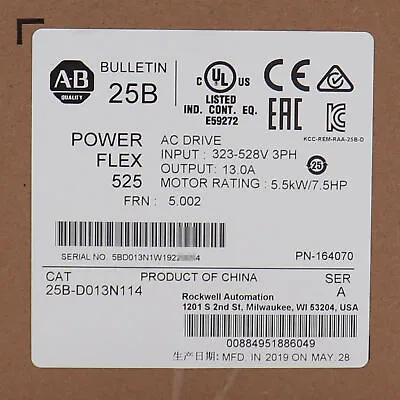 Buy Allen-Bradley 25B-D013N114 PowerFlex 525 5.5kW/7.5HP Factory Sealed • 530$
