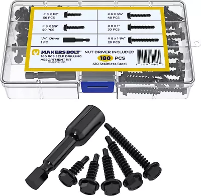 Buy Self Tapping Screws For Metal, Assortment Pack With Driver (180 Pcs) Black Oxide • 26.99$