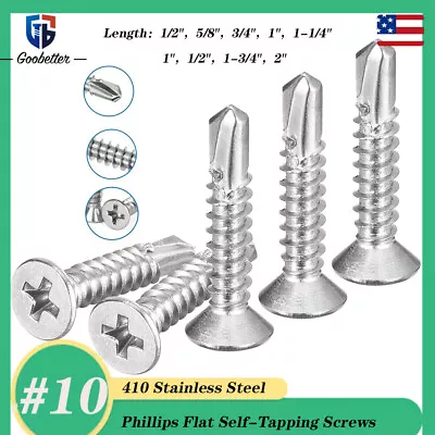 Buy #10 410 Stainless Steel Phillips Countersunk Head Self Drilling Tapping Screws • 6.07$