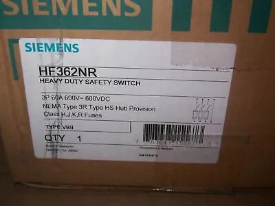 Buy New Siemens HF362NR 60 Amp 600v Fusible Safety Switch Disconnect Nema 3R • 189$