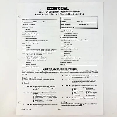Buy Hustler Excel Turf Equipment Dealer Predelivery Checklist Vintage 1997 073031 • 14$