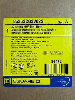 Buy NEW Square D 8536SCG3V02S AC Magnetic NEMA Size 1 Starter 27 Amp 3 Pole NIB • 300$