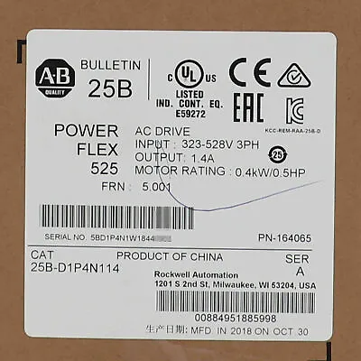 Buy 2022 Sealed AB 25B-D1P4N114 Allen-Bradley PowerFlex 525 0.4kW 0.5Hp AC Drive • 299$