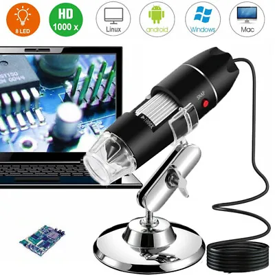 Buy 8LED 500X 1000X 10MP USB Digital Microscope Endoscope Magnifier Camera + Stand • 21.79$