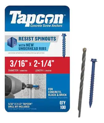 Buy Tapcon 3/16  X 2-1/4  Hex Head Concrete Anchor Screws 3143407 | 100 Pack | Drill • 24.95$