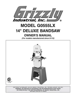 Buy Owner’s Manual & Instructions Grizzly 14” Deluxe Bandsaw - Model G0555LX • 19.95$