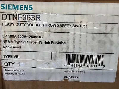 Buy Dtnf363r Siemens, Double Throw Safety Switch, 3p 100a 600v Nema 3r Non-fuse. • 2,589$
