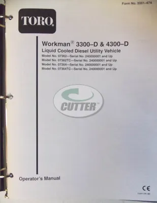 Buy Used Toro Workman 3300-D & 4300-D Operator's Manual 3351-474 • 17.99$