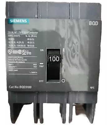 Buy  Bqd3100 Siemens Circuit Breaker Bolt-on 3 Pole 100a 480y/277 Vac New • 194.99$