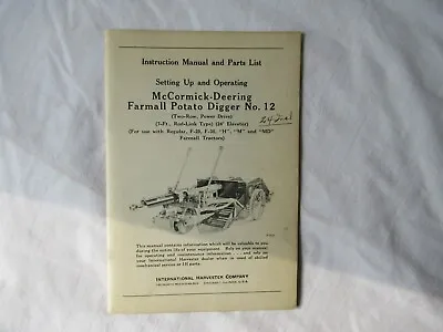 Buy 1948 Farmall McCormick-Deering Potato Digger NO. 12 Operator Instruction Manual • 29.99$