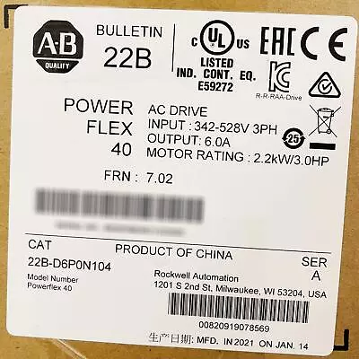 Buy 2021-2022 Allen-Bradley PowerFlex 40 2.2 KW 3 HP AC Drive 22B-D6P0N104 • 720$