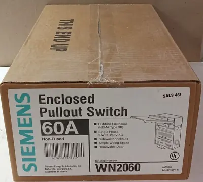 Buy Box Of 6 New Siemens Wn2060 60 Amp Enclosed Pull-out Switch Non-fused 1Ø 240 Vac • 129.99$