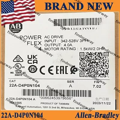 Buy New Allen Bradley22A-D4P0N104 Ser A PowerFlex 4 AC Drive 480V 4A 1.5kW FRN 7.02 • 568.80$