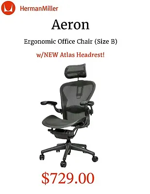 Buy Herman Miller Aeron Office Chair Black Size B (Medium) - W/NEW Atlas Headrest • 729$