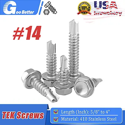 Buy #14 Hex Washer Head Self Drilling Tapping TEK Screws 410 Stainless Steel • 6.49$