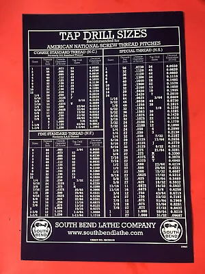 Buy Machinist Tools Wall Chart Tap Drill Sizes Shop Poster South Bend Atlas Lathe • 27$