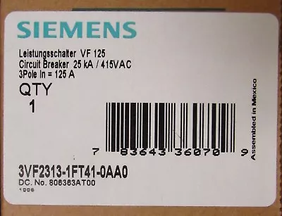 Buy Siemens 3VF2313 1FT41 0AA0 3 Pole 125 Amp VF125 Circuit Breaker • 210$