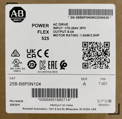 Buy AB 25B-B8P0N104 Allen Bradley 25BB8P0N104 PowerFlex 525 1.5kW 2Hp AC Drive • 506.94$