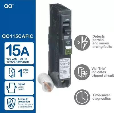 Buy Square D - QO115CAFIC - 15A Single-Pole 120V Arc Fault CAFI Circuit Breaker • 29.99$