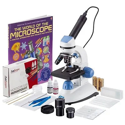 Buy AMSCOPE-KIDS Dual Illumination Microscope With Camera, Slide Kit + Book (Blue) • 174.99$