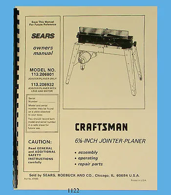 Buy Sears Craftsman 6 Jointer 113.206801 & 113.206932 Operating & Parts Manual *1122 • 17.50$