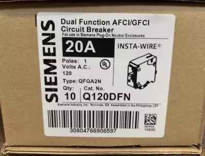 Buy 🔥10 Pcs Siemens Q120dfn 20a Dual Afci/gfci Plug On Neutral Breaker Brand New🔥 • 400$