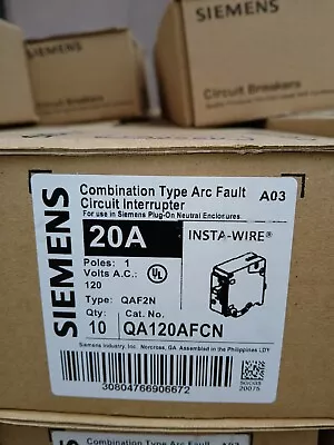 Buy 10 Siemens Qa120afcn 20a Arc Fault  1 Pole Afci Plug On Neutral Integrated  • 318$