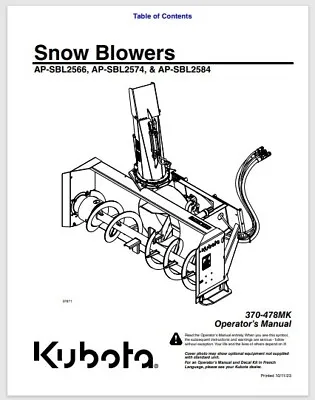 Buy Kubota Snow Blower Thrower Attachment 370-478mk Operator Manual 54 Pages • 19.95$