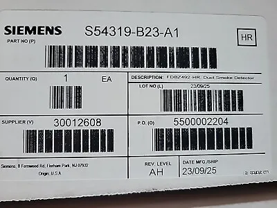Buy Siemens Fdbz492-hr Duct Smoke Detector S54319-b23-a1, New In Factory Box • 95$