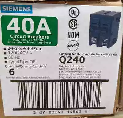 Buy BOX Of 6 New SIEMENS Siemens 40-Amp Double Pole Type QP Circuit Breaker Q240 • 55$