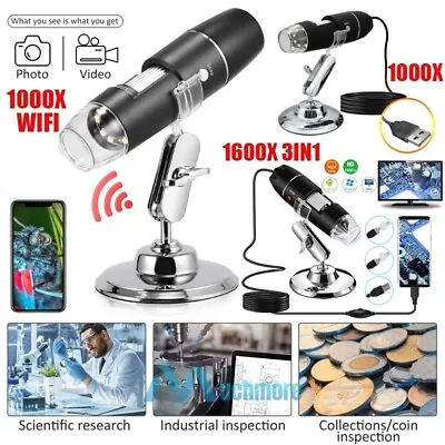Buy Digital 1600x 1000x WIFI USB Microscope Camera 8 LED OTG Endoscope Magnification • 21.79$