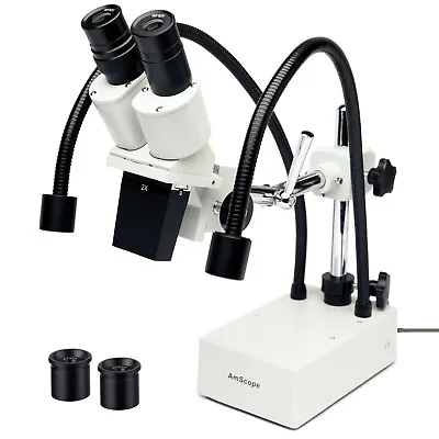 Buy AmScope 20X-30X Compact Fixed-Lens Stereo Boom Microscope + Dual Gooseneck LEDs • 212.99$