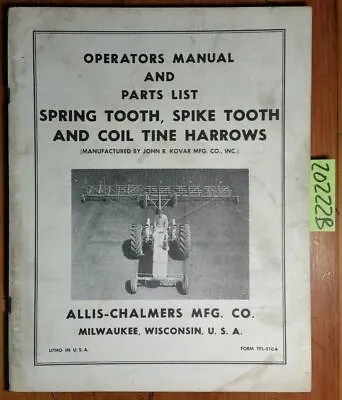 Buy Allis-Chalmers Spring Tooth Spike Tooth & Coil Tine Harrow Operator Parts Manual • 20$