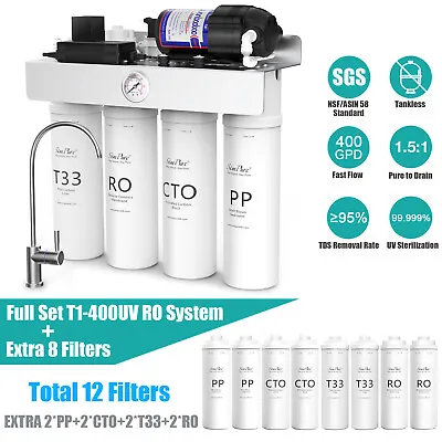 Buy SimPure T1-400GPD 8 Stage UV Reverse Osmosis System Tankless RO+12 Water Filters • 289.99$