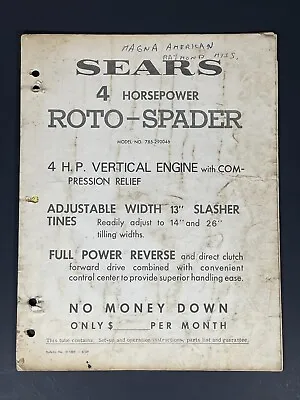Buy Sears 4 HP Roto-Spader Tiller 785.290046 Owner's Operator's & Parts Manual 2/69 • 14.50$